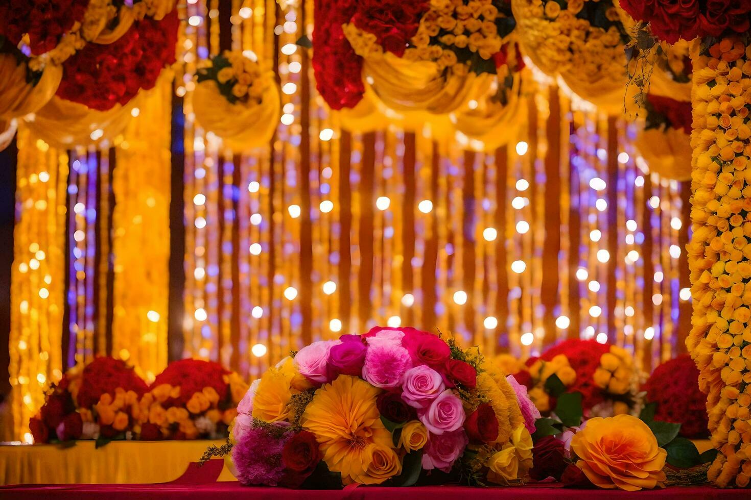 a wedding ceremony with colorful flowers and lights. AI-Generated photo