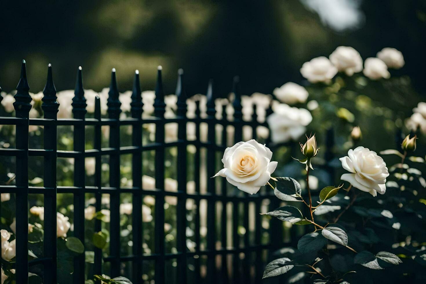 white roses are growing in front of a black fence. AI-Generated photo