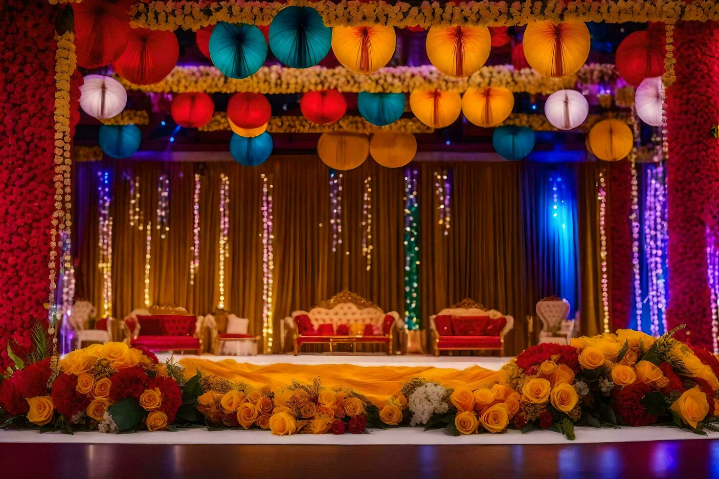 a colorful wedding stage with lanterns and flowers. AI-Generated photo