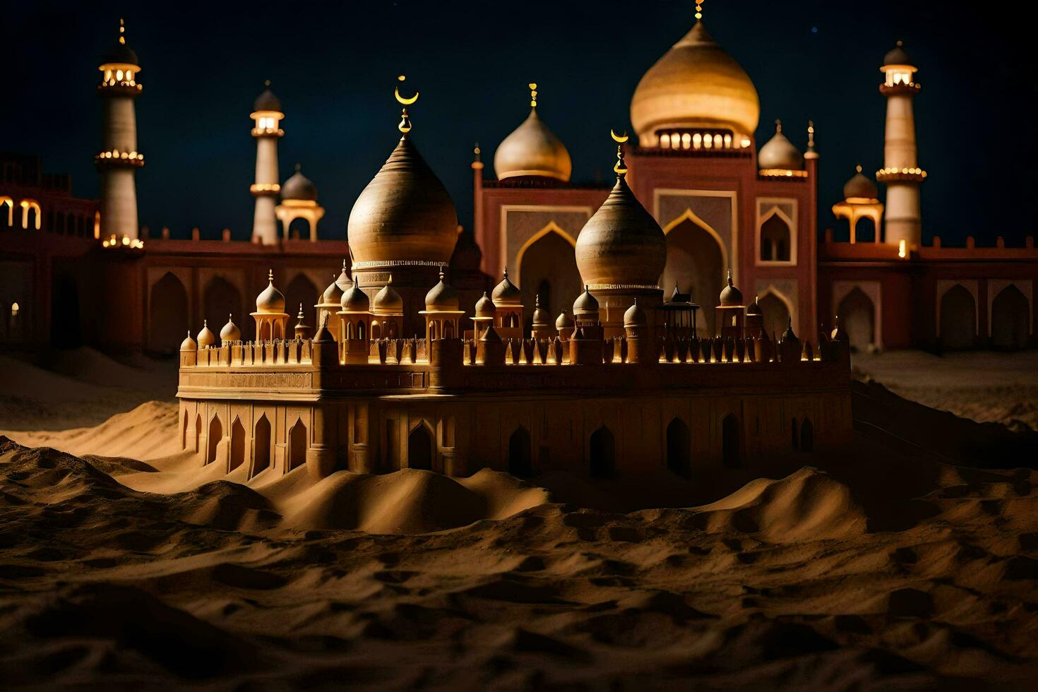 a sand castle with a mosque in the middle. AI-Generated photo