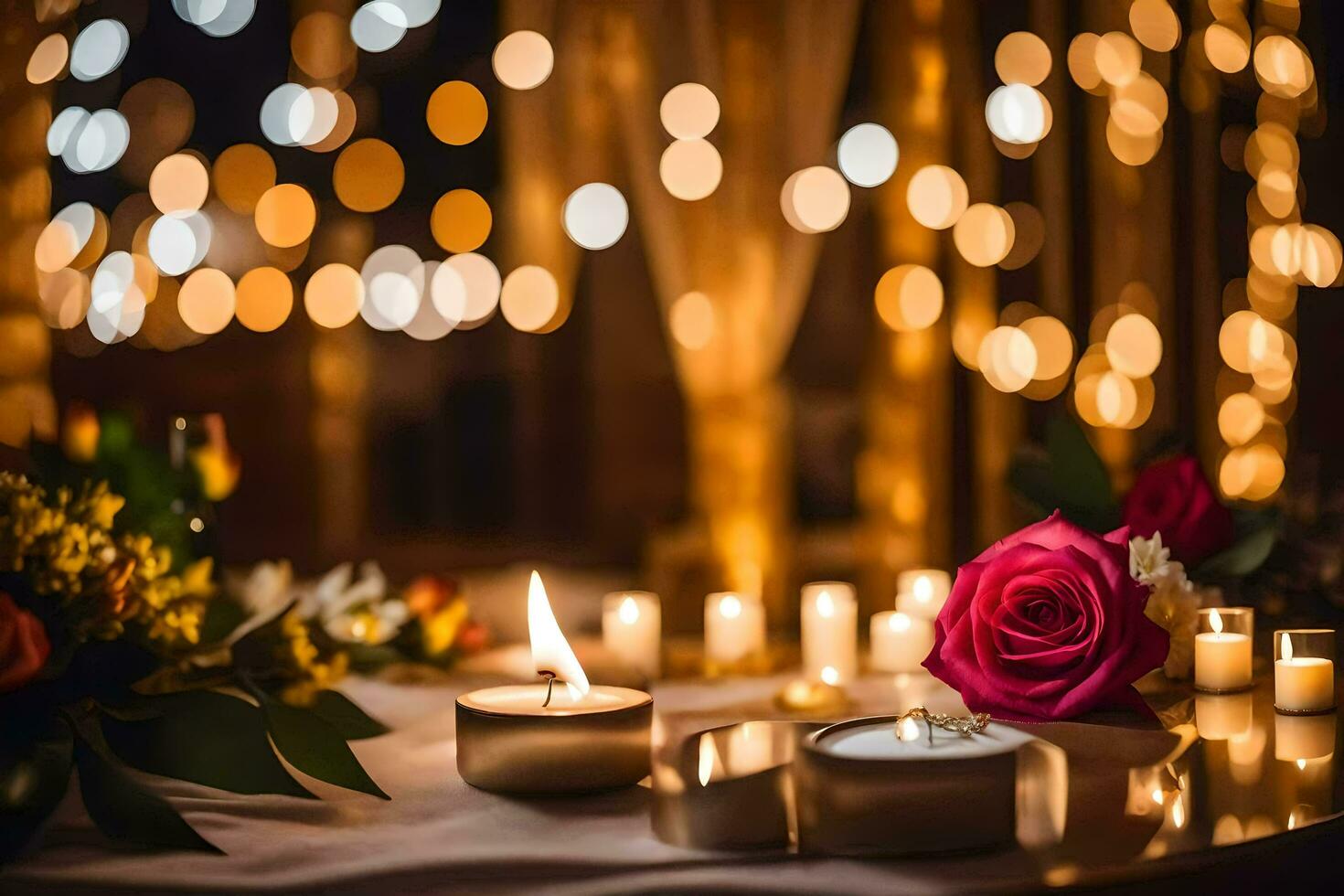 candles and flowers are set on a table with lights. AI-Generated photo