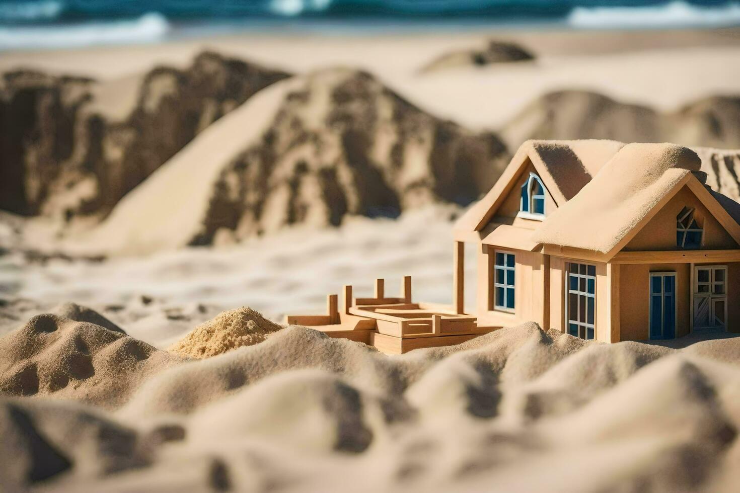 a model house sits on the sand in front of a beach. AI-Generated photo