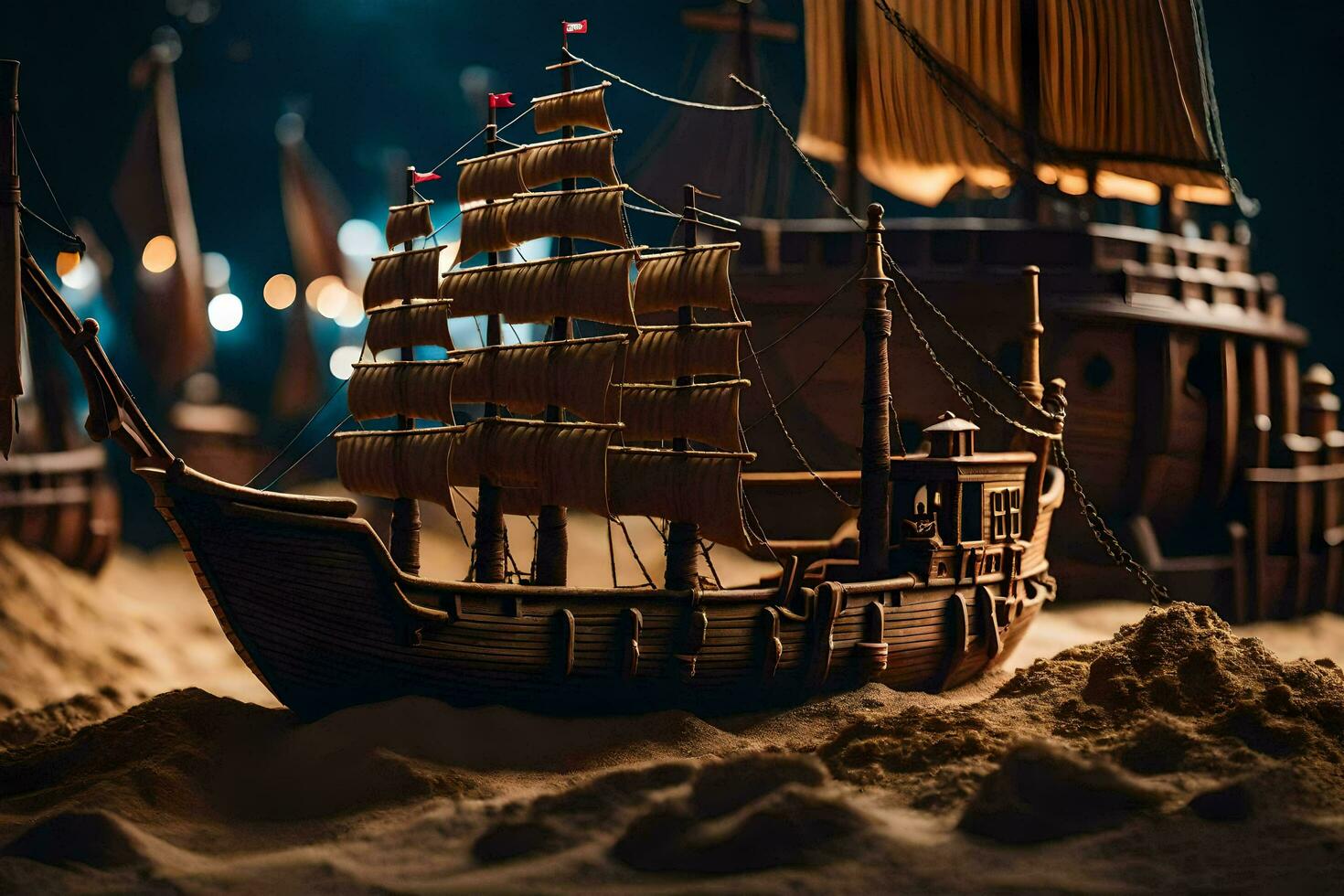 a model of a ship in the sand. AI-Generated photo