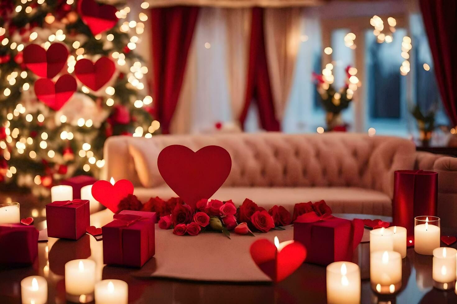 a room with candles and a heart shaped table. AI-Generated photo