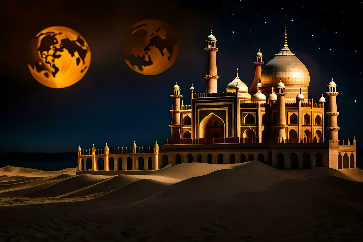 the moon is shining over a mosque in the desert. AI-Generated photo