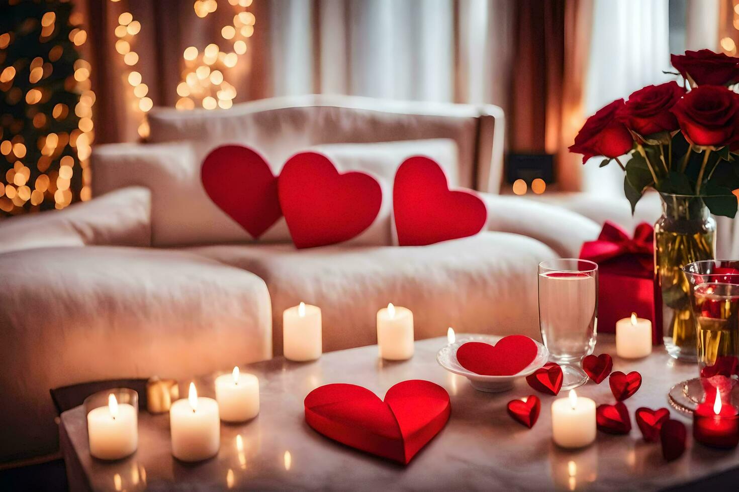 a table with candles and red hearts on it. AI-Generated photo