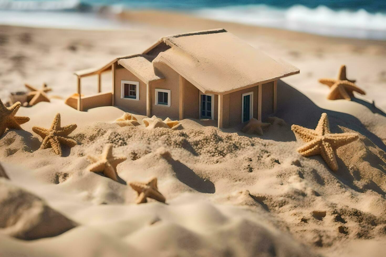 a beach house with stars in the sand. AI-Generated photo