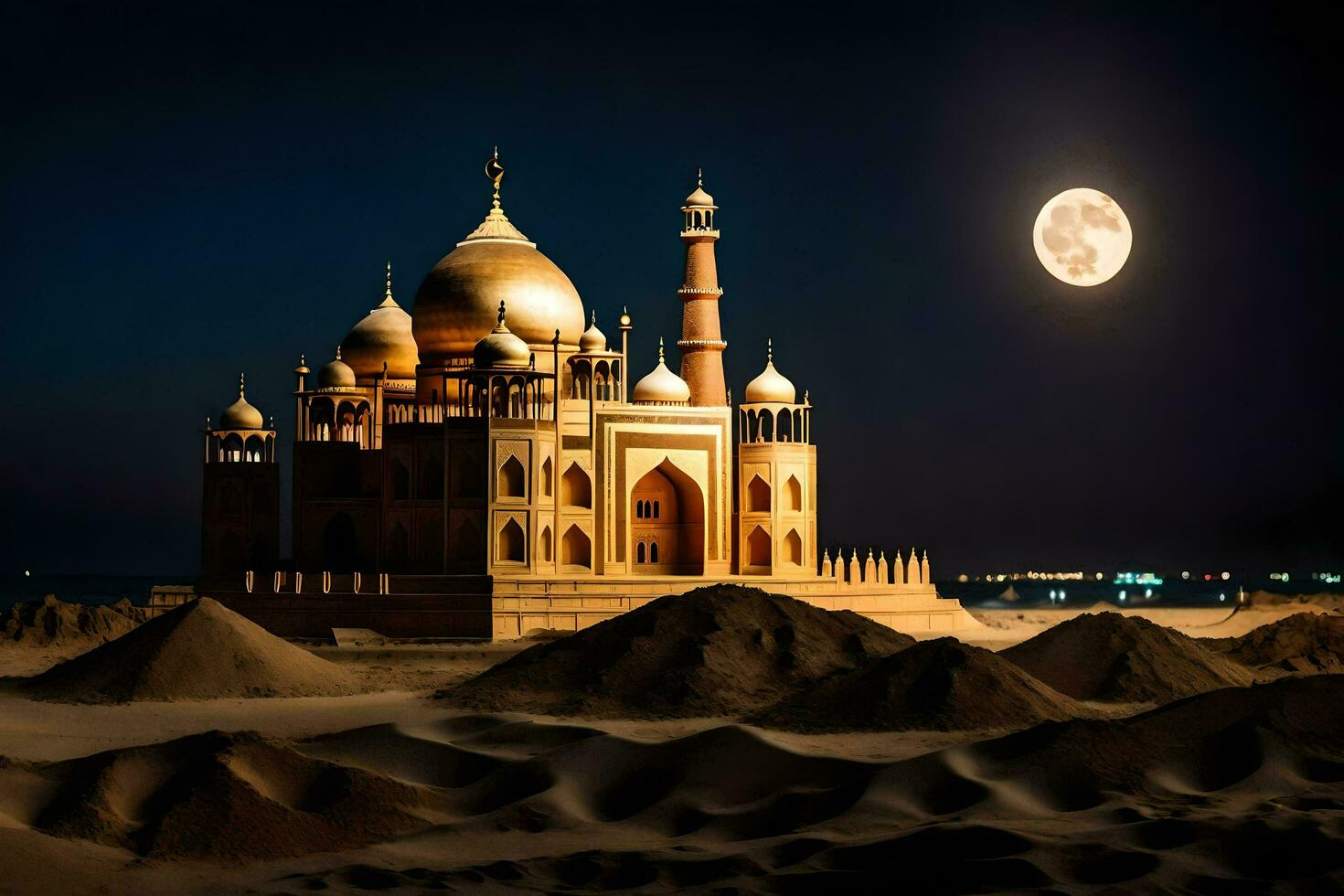 the moon rises over the taj mahal in india. AI-Generated photo