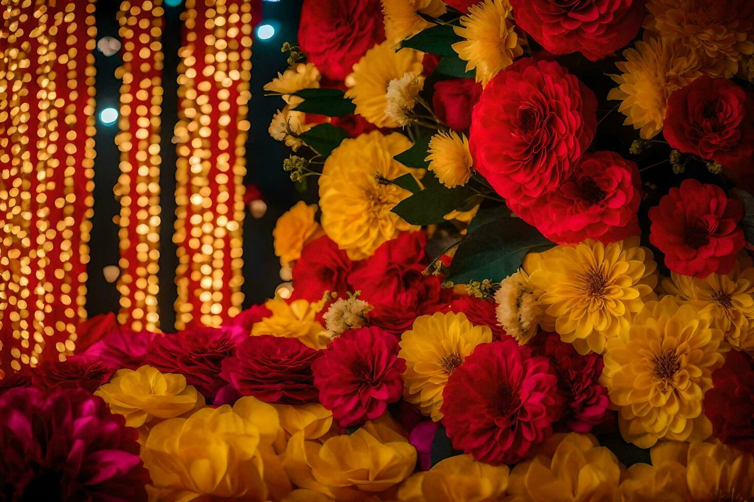 un vistoso arreglo de flores en frente de un iluminado fondo. generado por ai foto