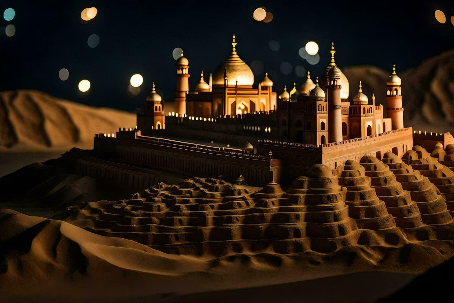a sand castle is shown in the desert at night. AI-Generated photo