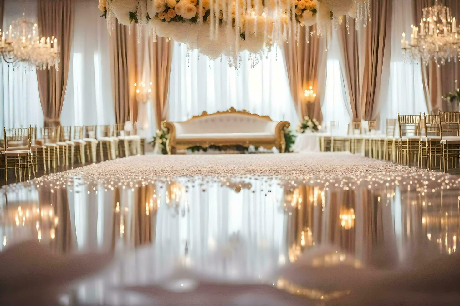 a wedding ceremony is set up in a room with white chairs and chandeliers. AI-Generated photo