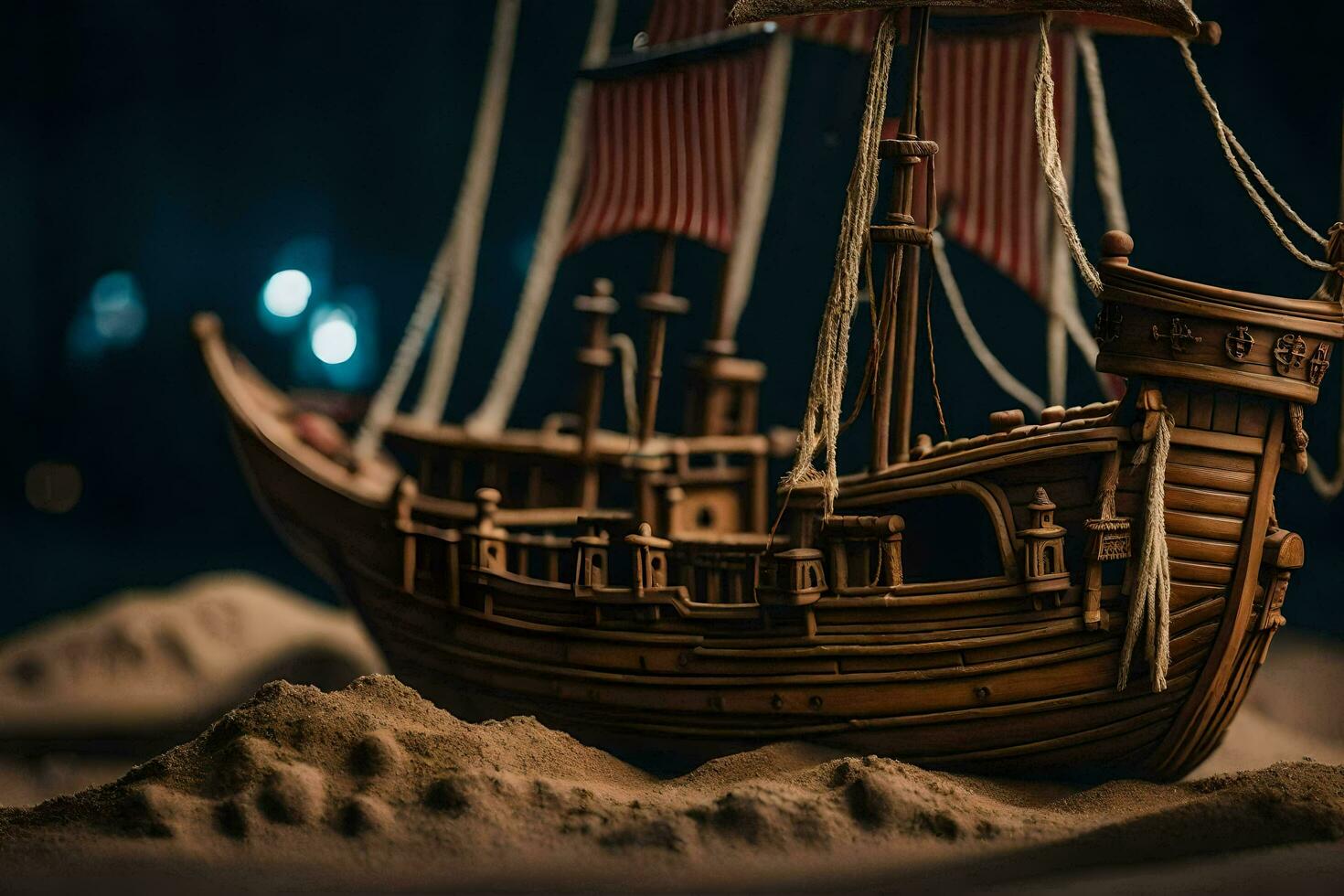 a model of a ship in the sand. AI-Generated photo
