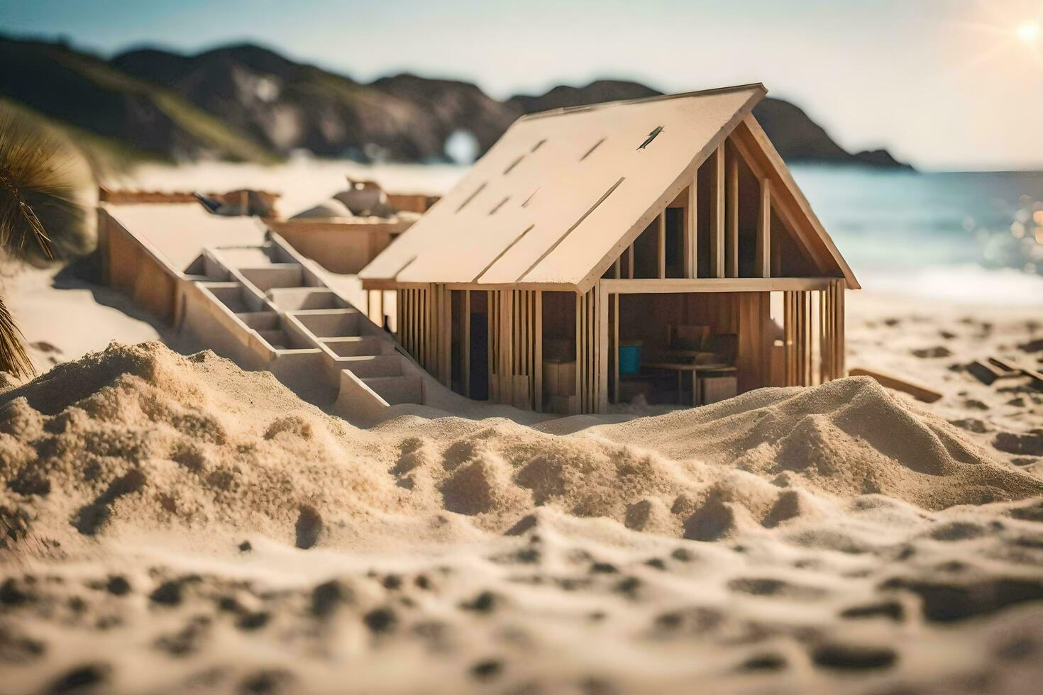 a wooden house on the beach with sand. AI-Generated photo