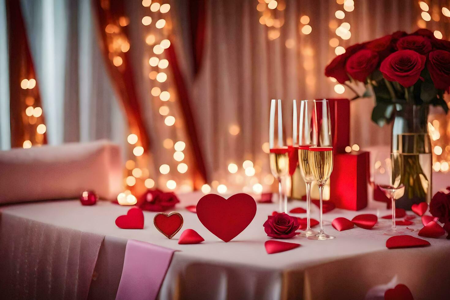 valentine's day table setting with red hearts and champagne glasses. AI-Generated photo