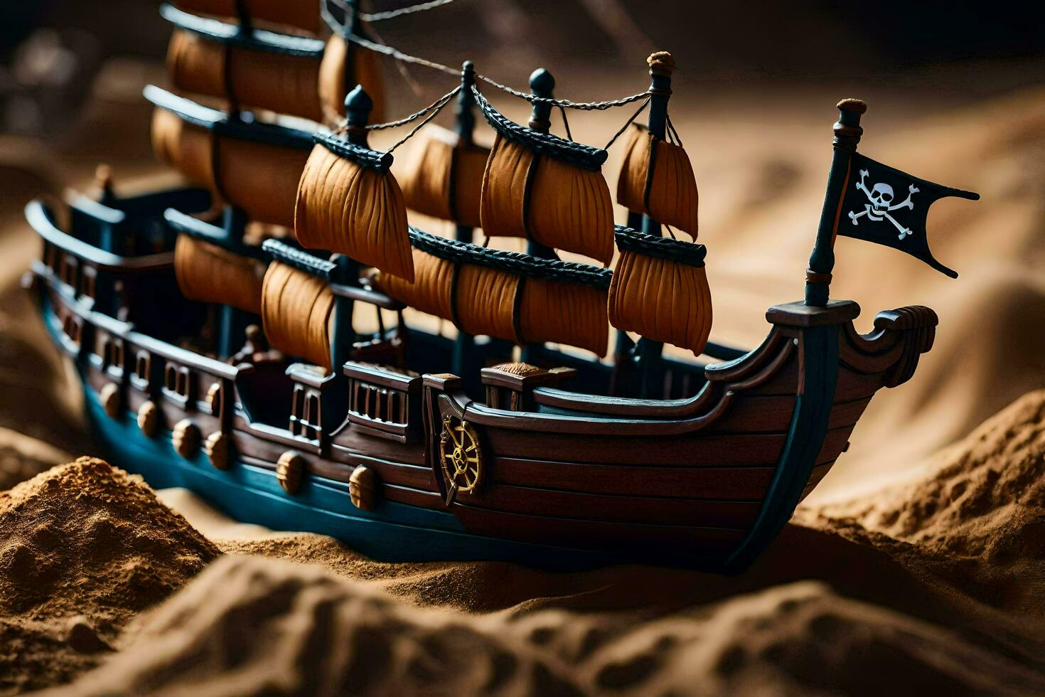 a pirate ship is sitting in the sand. AI-Generated photo