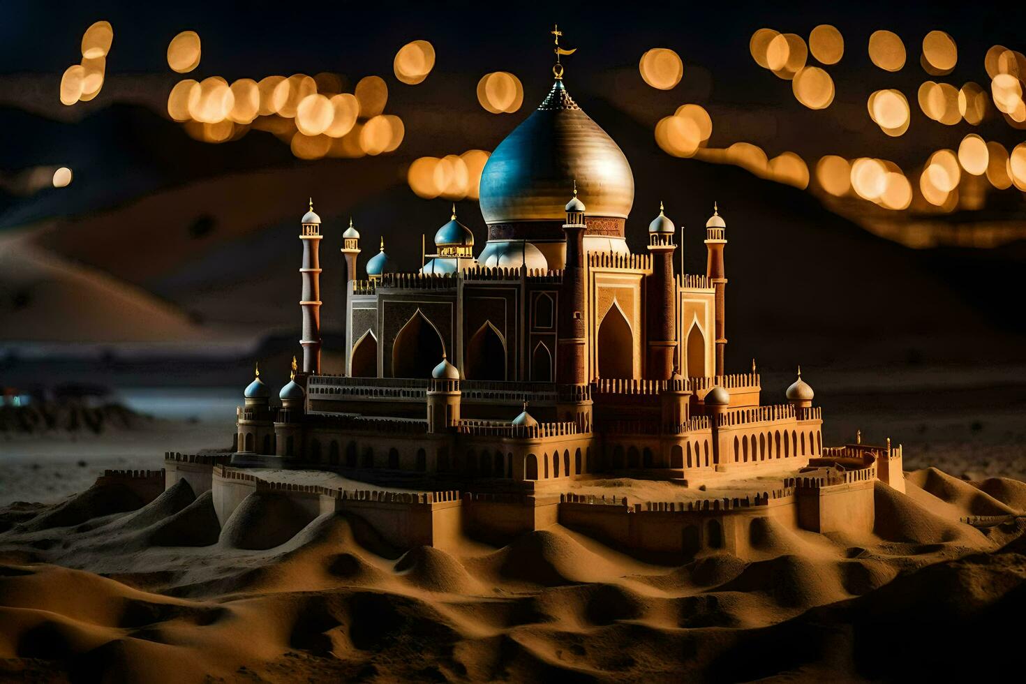 a model of a mosque in the desert at night. AI-Generated photo