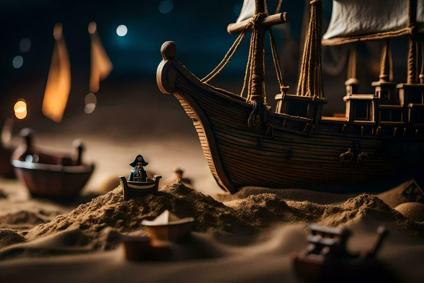 a miniature ship in the sand with small boats. AI-Generated photo