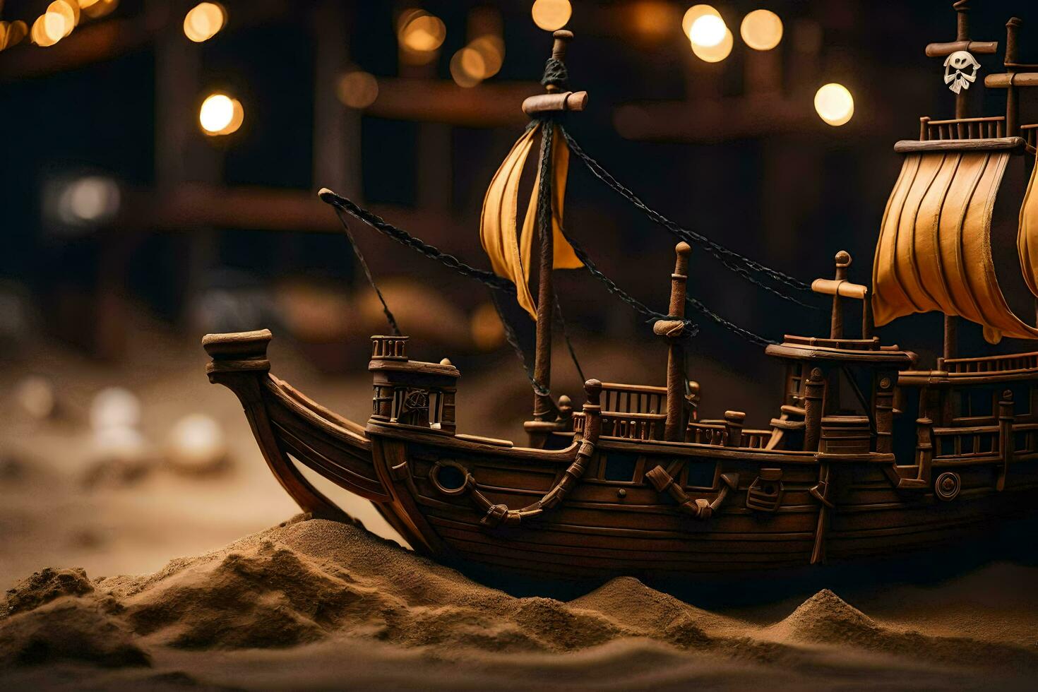 a model of a pirate ship in the sand. AI-Generated photo