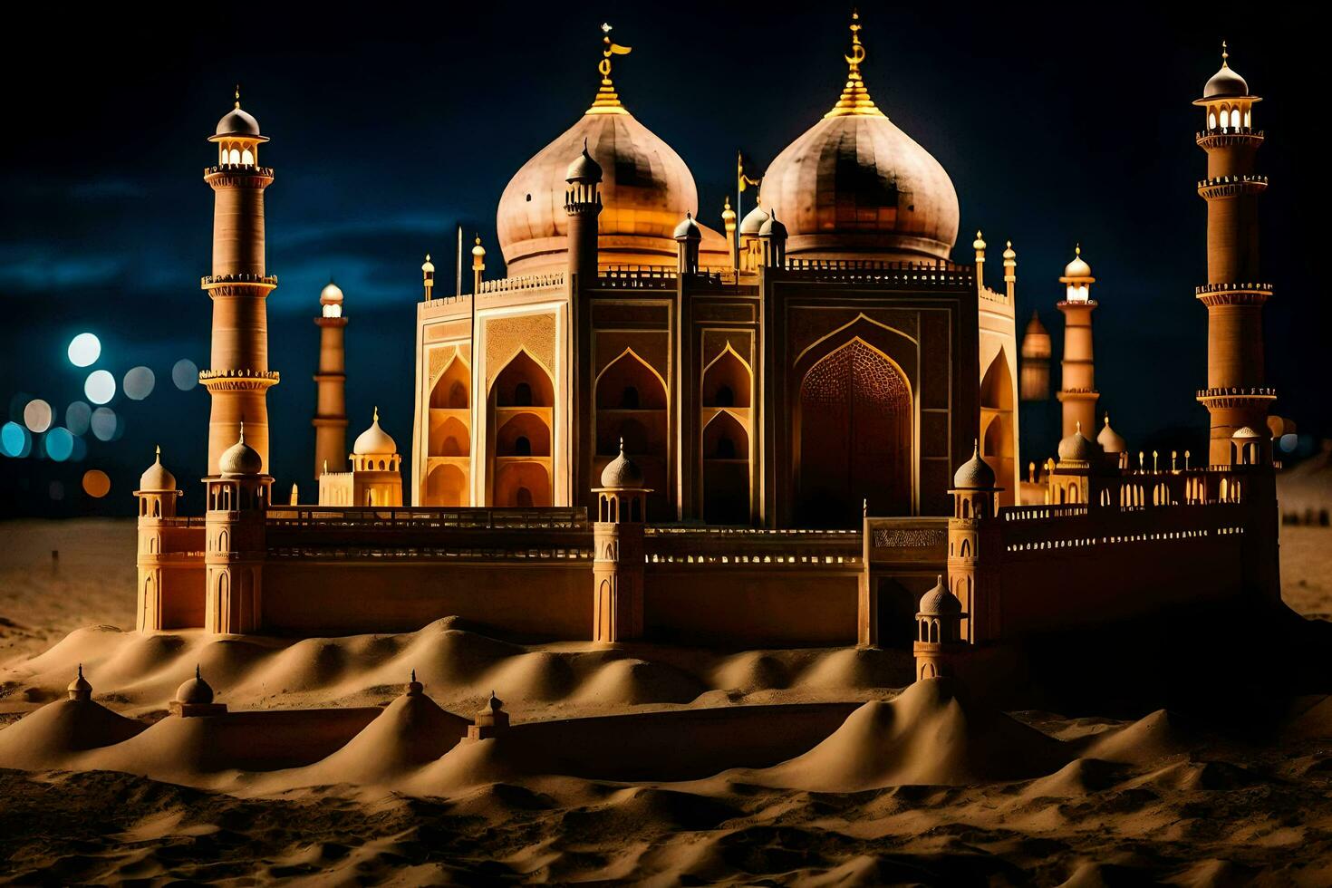 a model of a taj mahal in the sand. AI-Generated photo