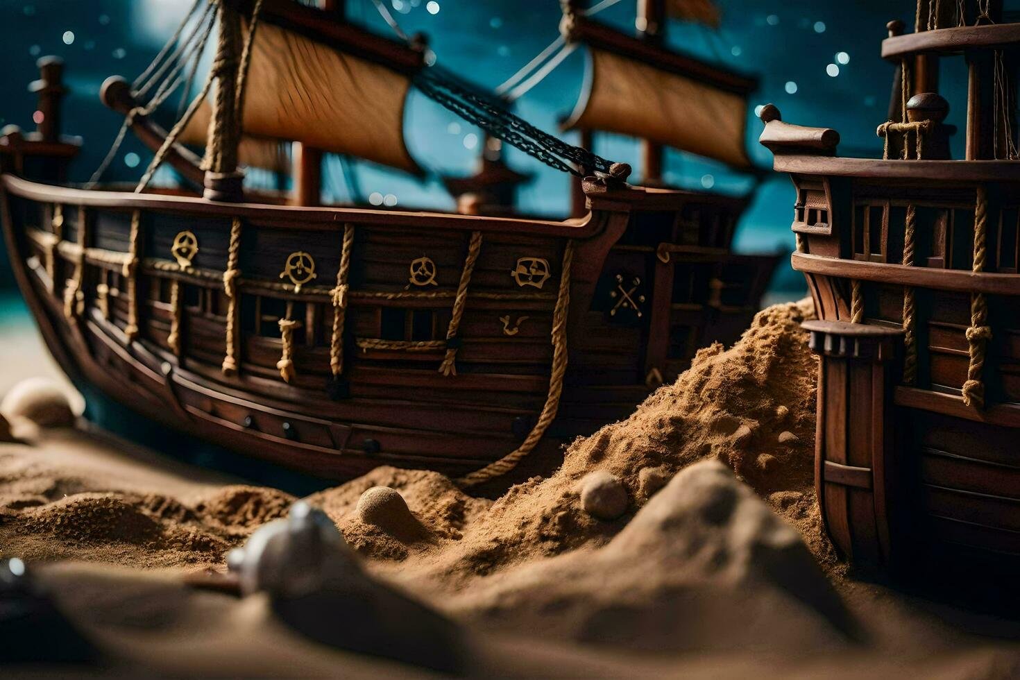 a model of a pirate ship in the sand. AI-Generated photo
