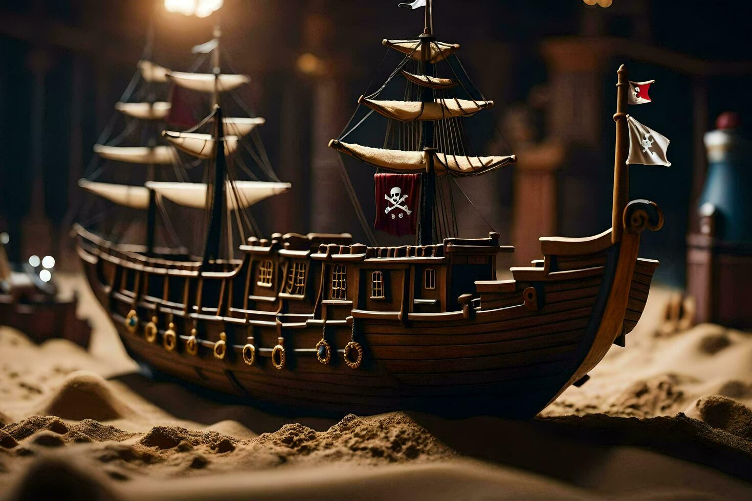 a model of a pirate ship in a sand pit. AI-Generated photo