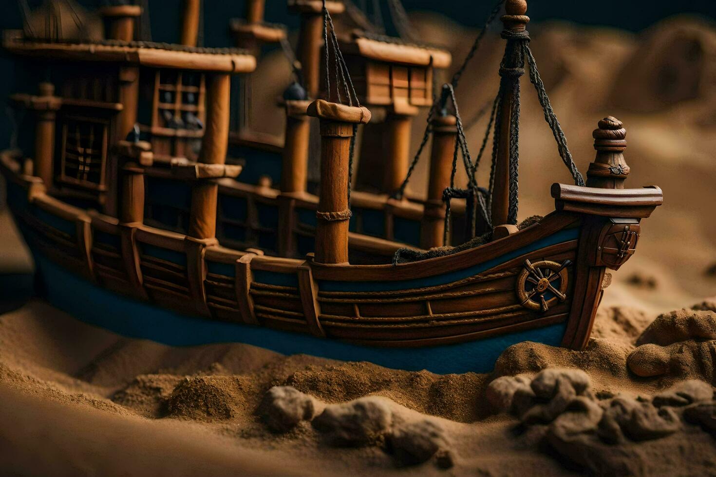 a model of a ship in the sand. AI-Generated photo