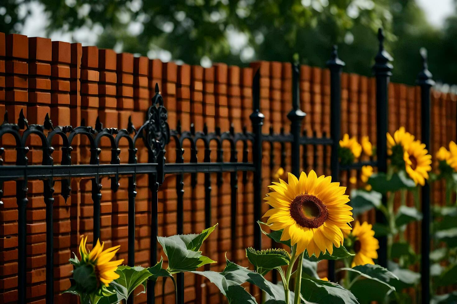 a fence with sunflowers in front of it. AI-Generated photo