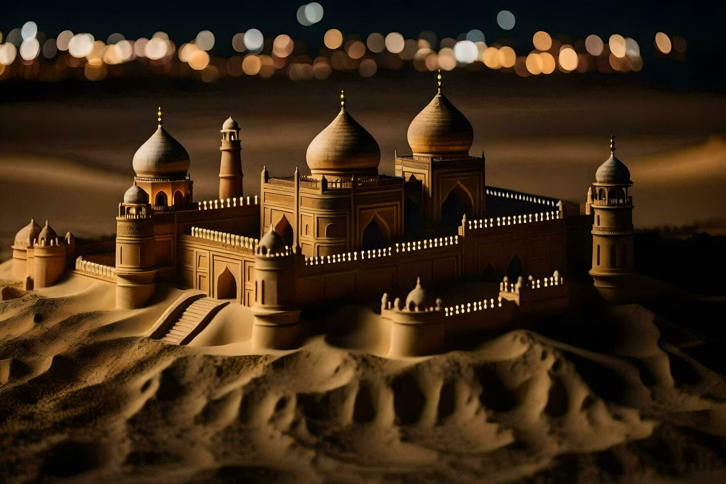 un arena castillo en el Desierto a noche. generado por ai foto