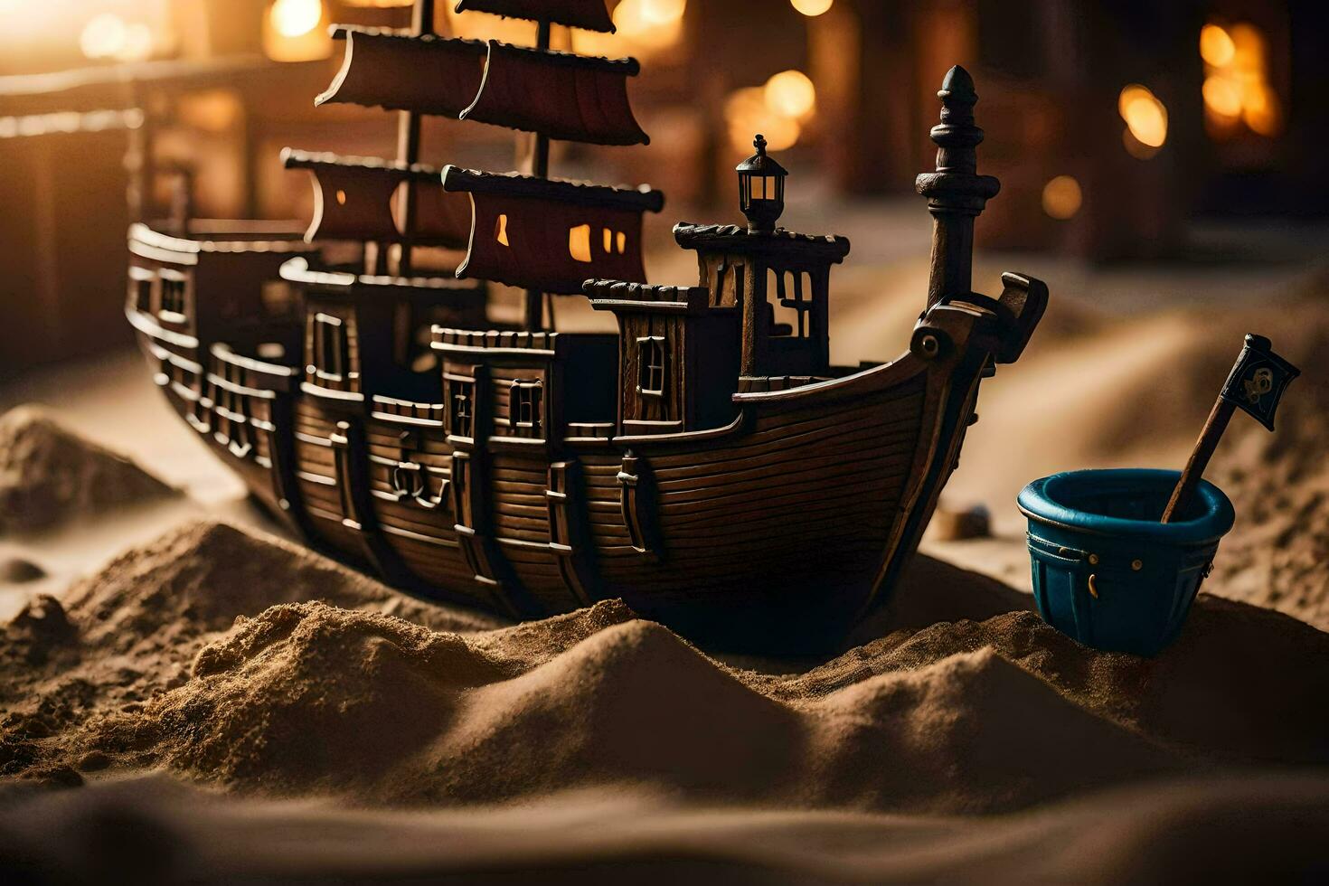 a toy pirate ship is on the sand. AI-Generated photo