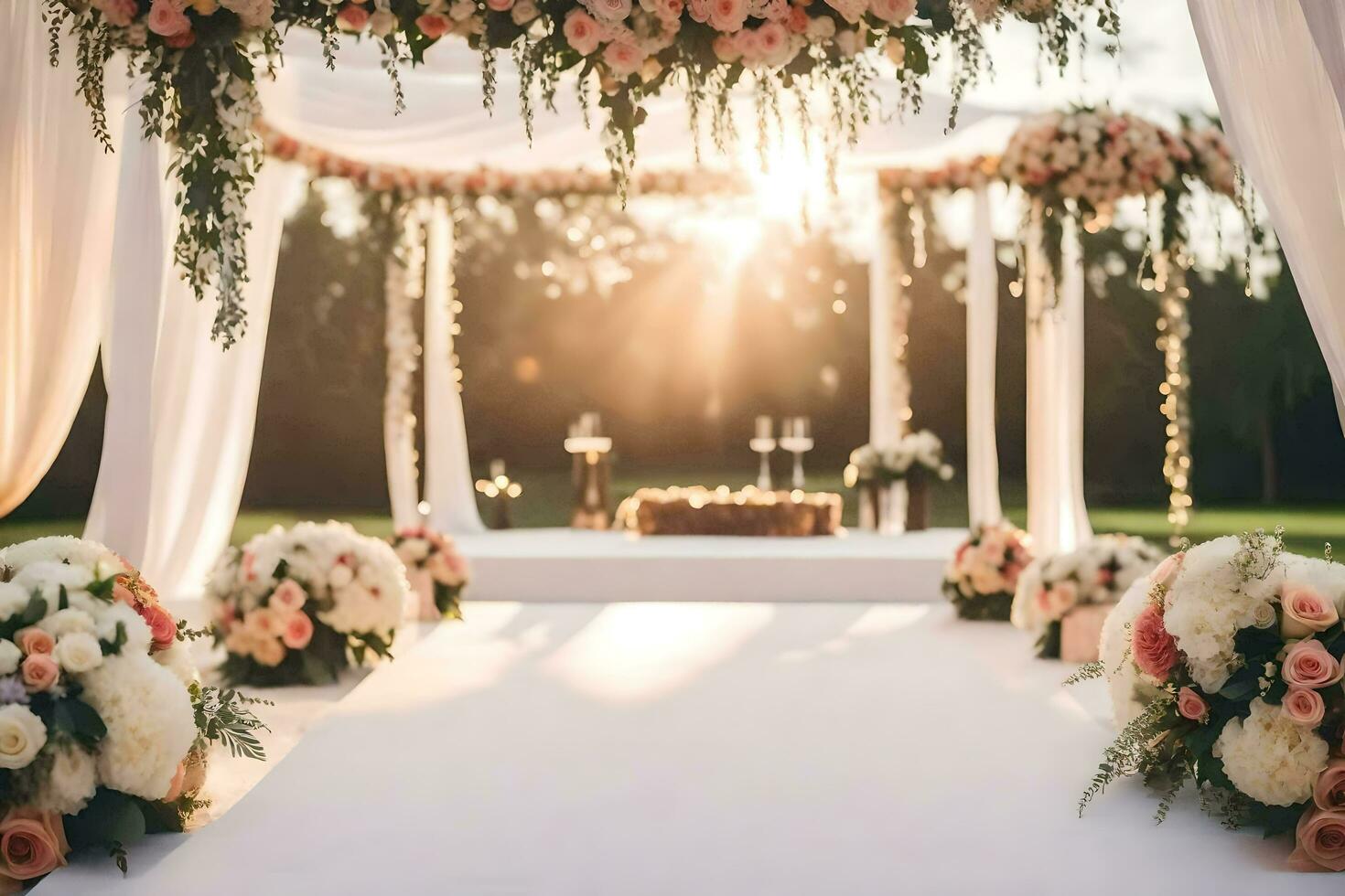 an outdoor wedding ceremony with flowers and greenery. AI-Generated photo
