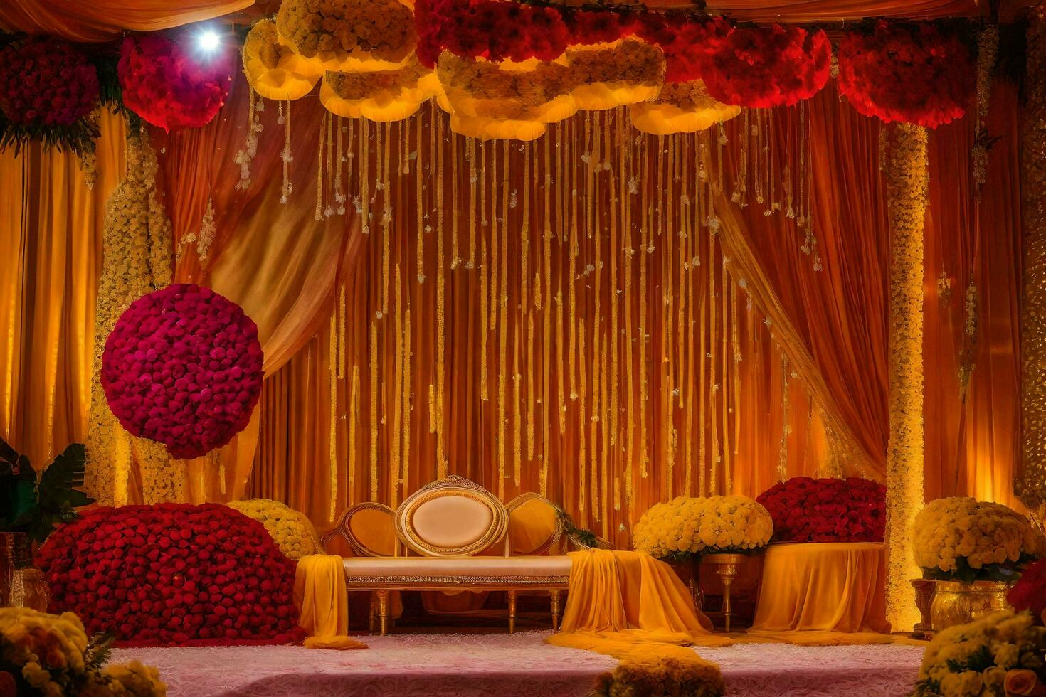 a wedding stage decorated with yellow and red flowers. AI-Generated photo