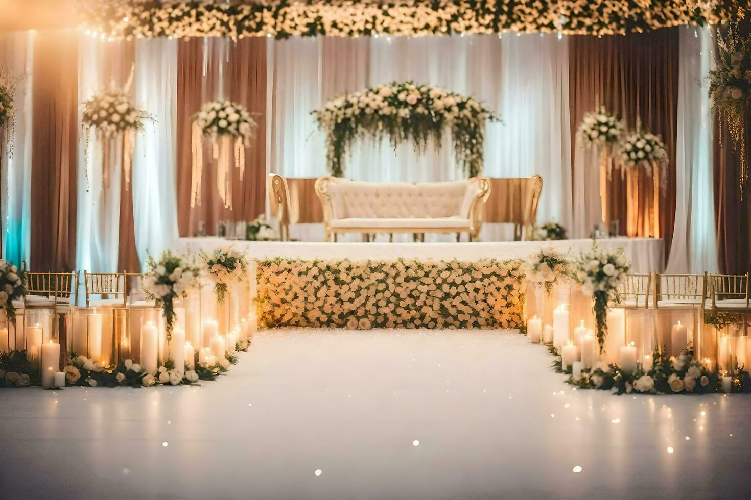 an elegant wedding stage with candles and flowers. AI-Generated photo
