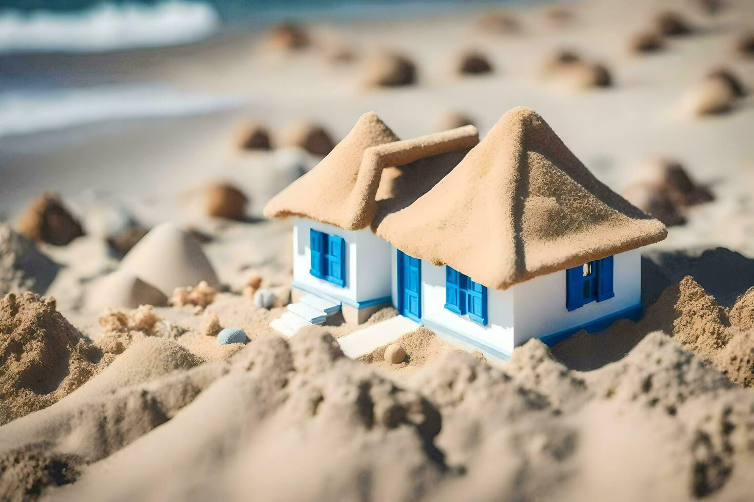 a small house in the sand on the beach. AI-Generated photo