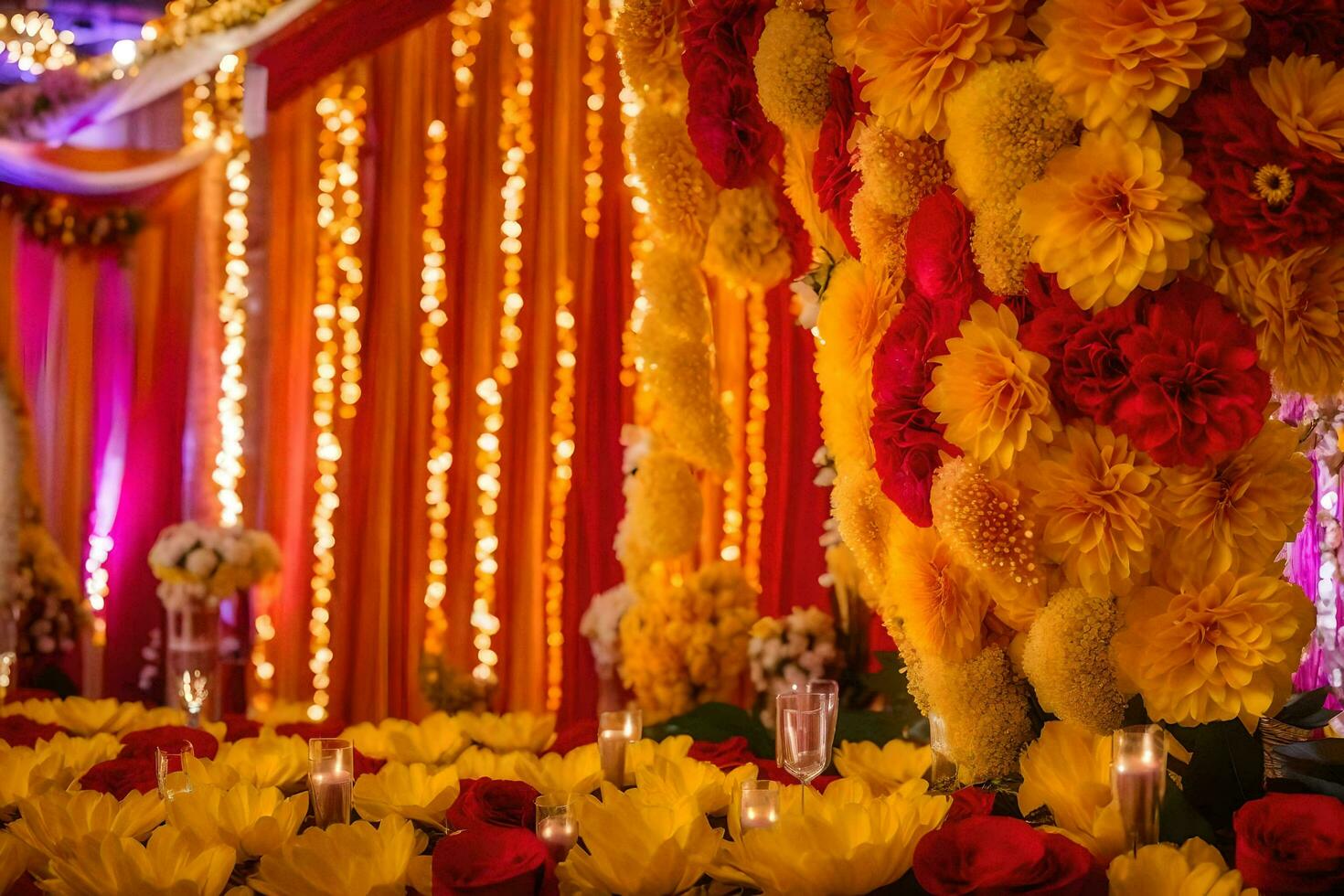 a wedding reception with red and yellow flowers. AI-Generated photo