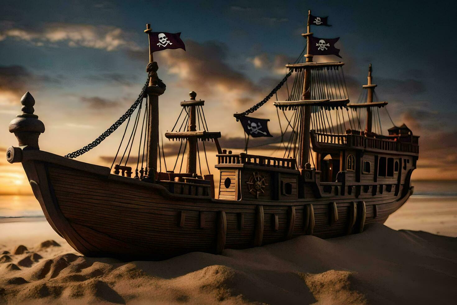 a pirate ship is on the beach at sunset. AI-Generated photo