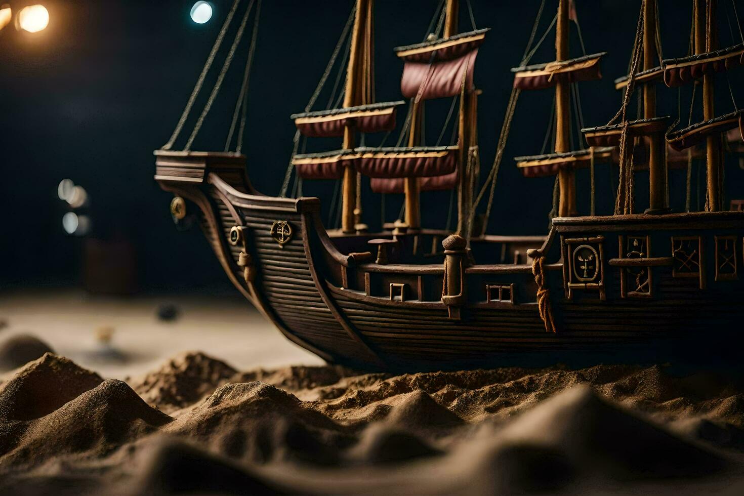a model of a pirate ship on a sandy beach. AI-Generated photo
