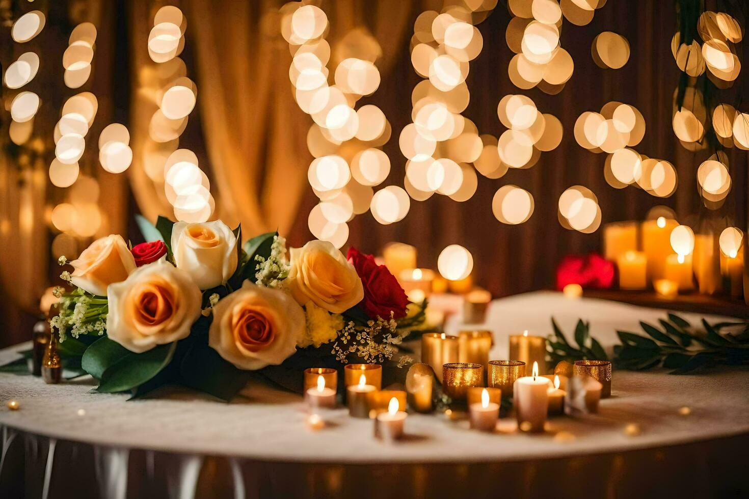 a table with candles and flowers on it. AI-Generated photo