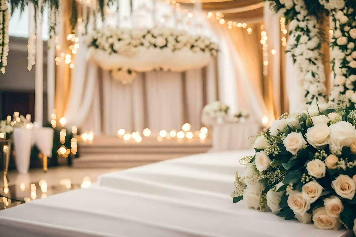 un Boda ceremonia con blanco flores y velas generado por ai foto