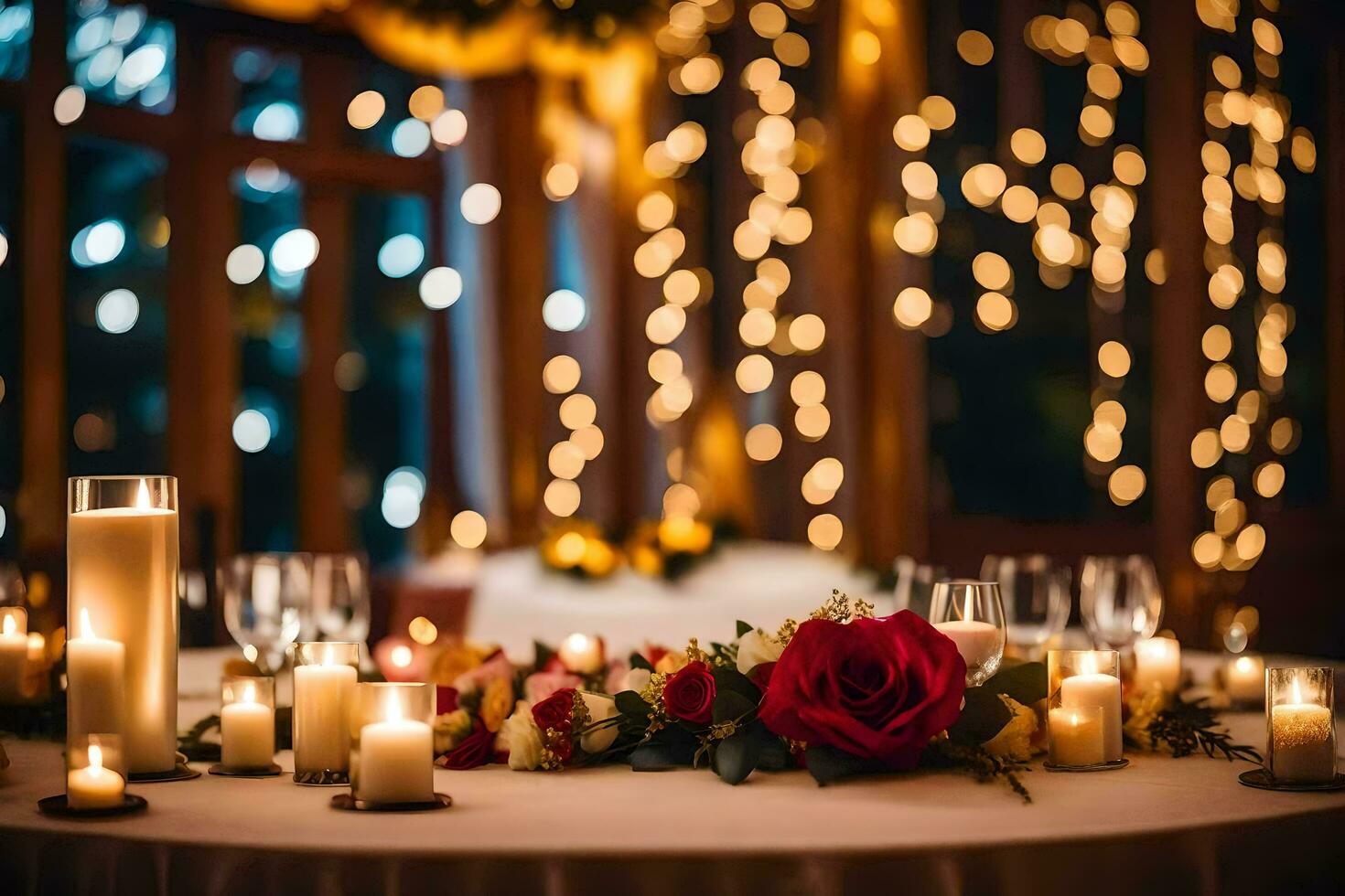 a table with candles and flowers in front of a window. AI-Generated photo