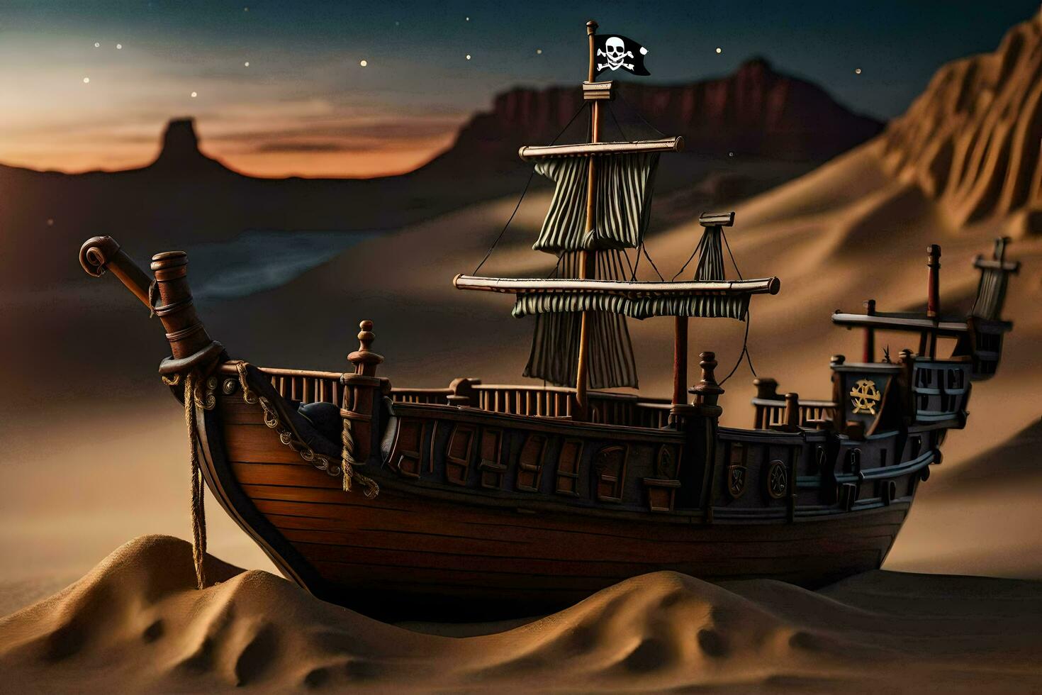 a pirate ship in the desert. AI-Generated photo