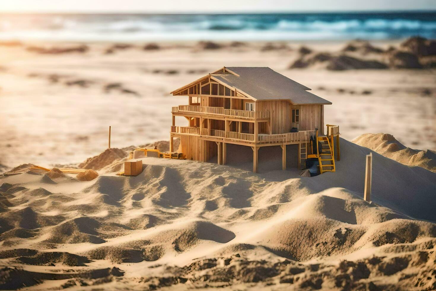 a miniature house on the beach with sand. AI-Generated photo