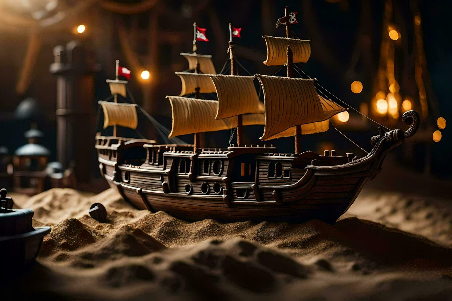 a model of a pirate ship in the sand. AI-Generated photo