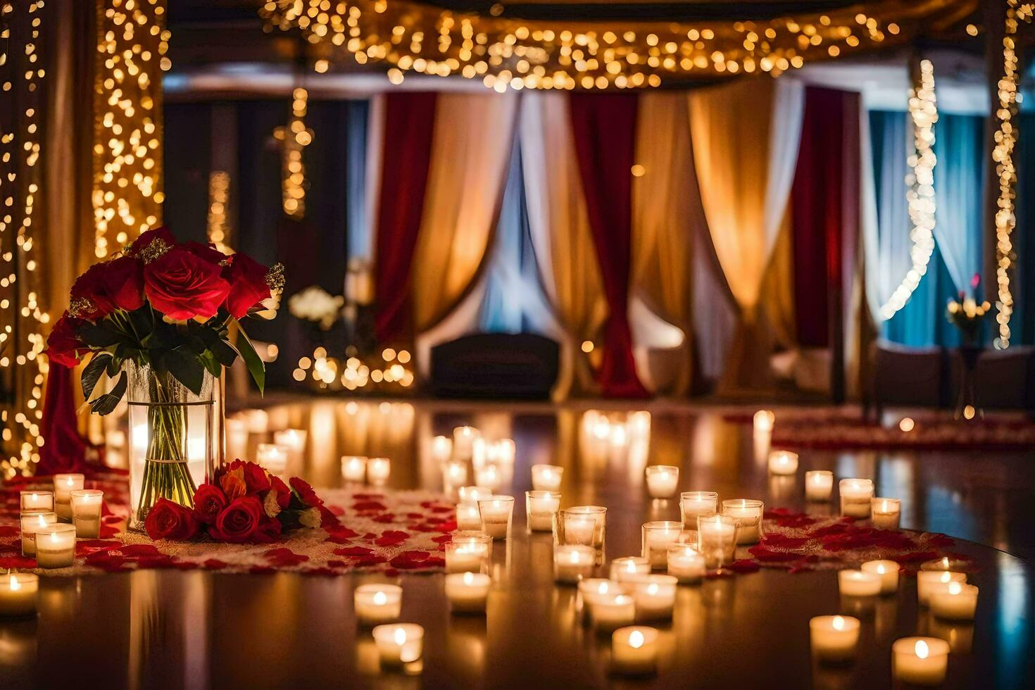 candles and red roses are arranged on the floor in front of a red curtain. AI-Generated photo
