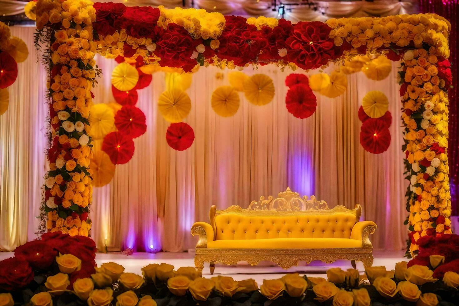 a stage decorated with yellow and red flowers. AI-Generated photo