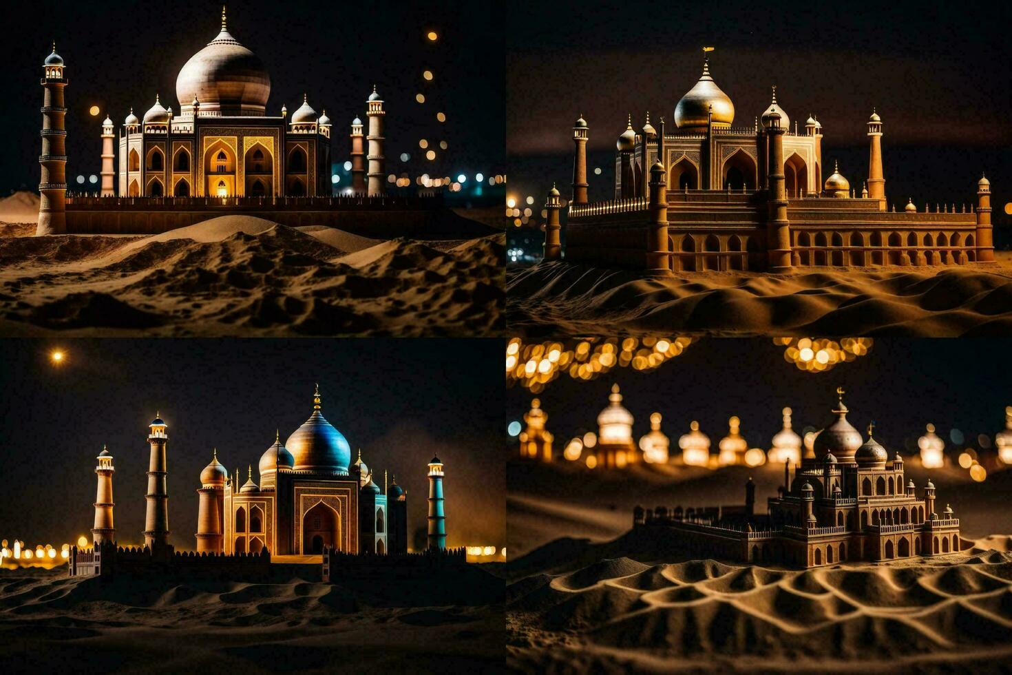 four different images of the taj mahal at night. AI-Generated photo