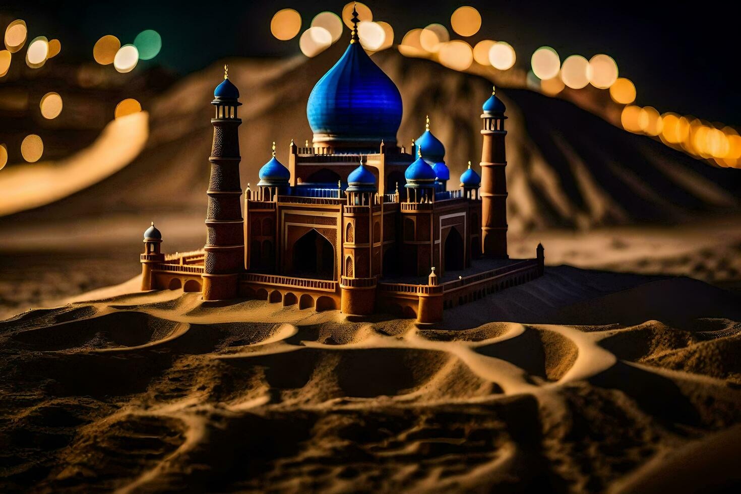 a miniature model of a mosque in the desert. AI-Generated photo