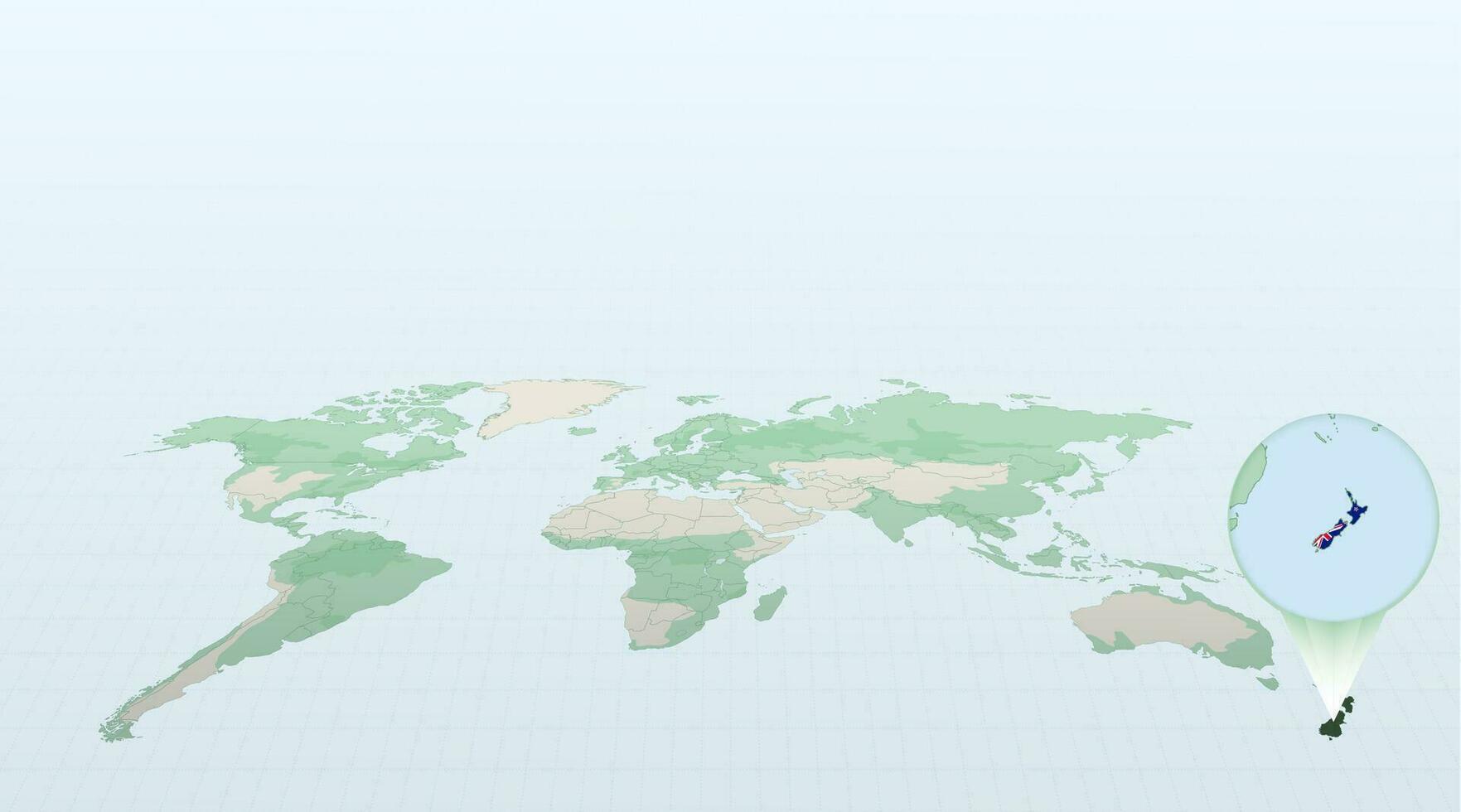 mundo mapa en perspectiva demostración el ubicación de el país nuevo Zelanda con detallado mapa con bandera de nuevo zelanda vector