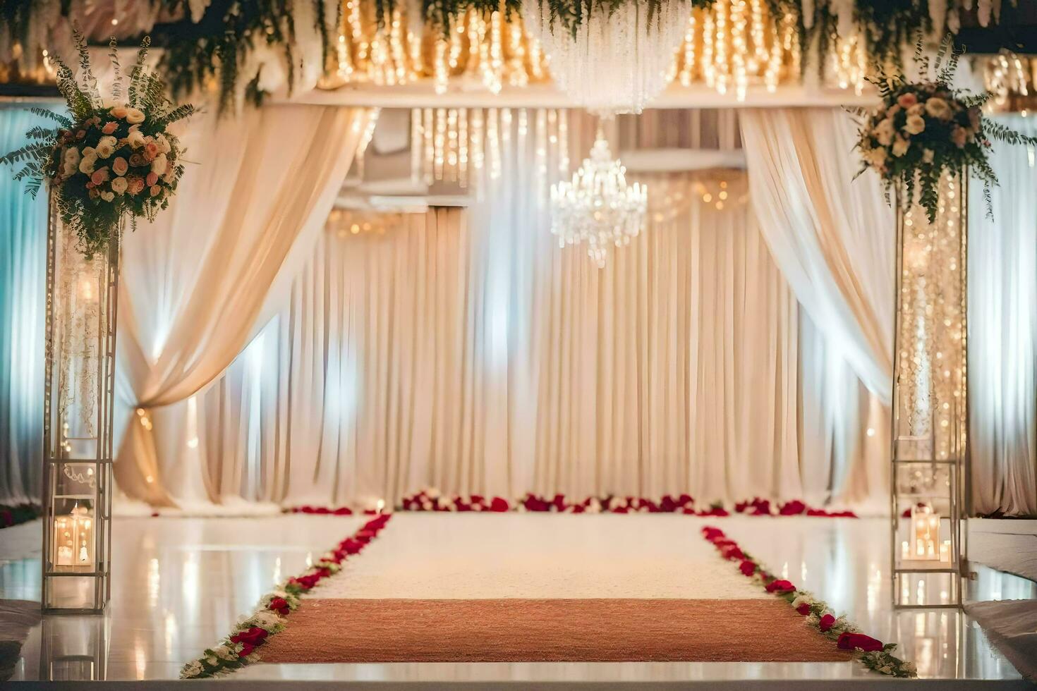 a wedding ceremony with a white backdrop and red flowers. AI-Generated photo