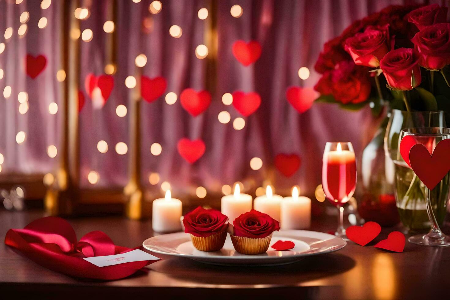 valentine's day table setting with red roses and cupcakes. AI-Generated photo