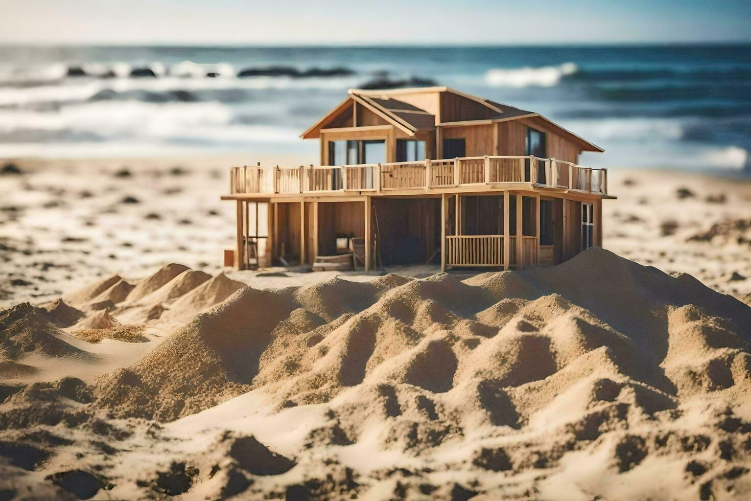 a miniature house sits on top of a sandy beach. AI-Generated photo